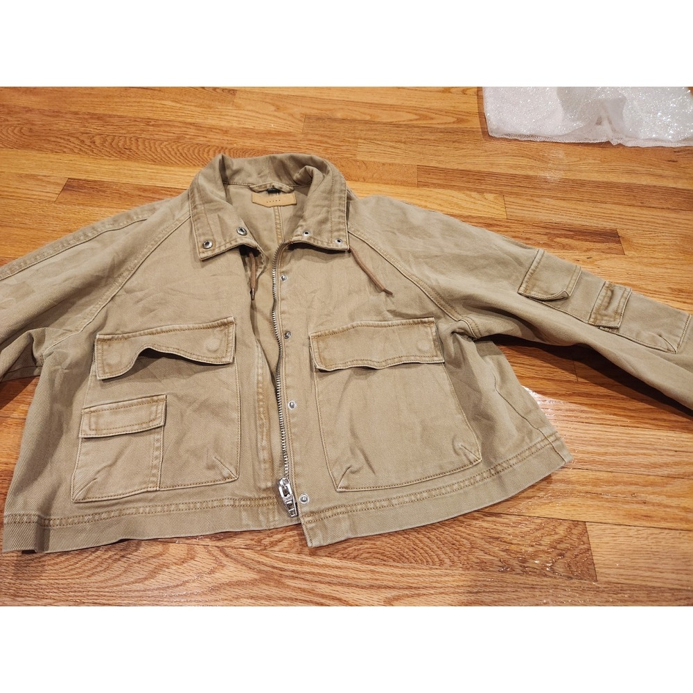 Blank NYC Women Tan Khaki Utility Cargo Jacket Cropped Cotton Twill Large